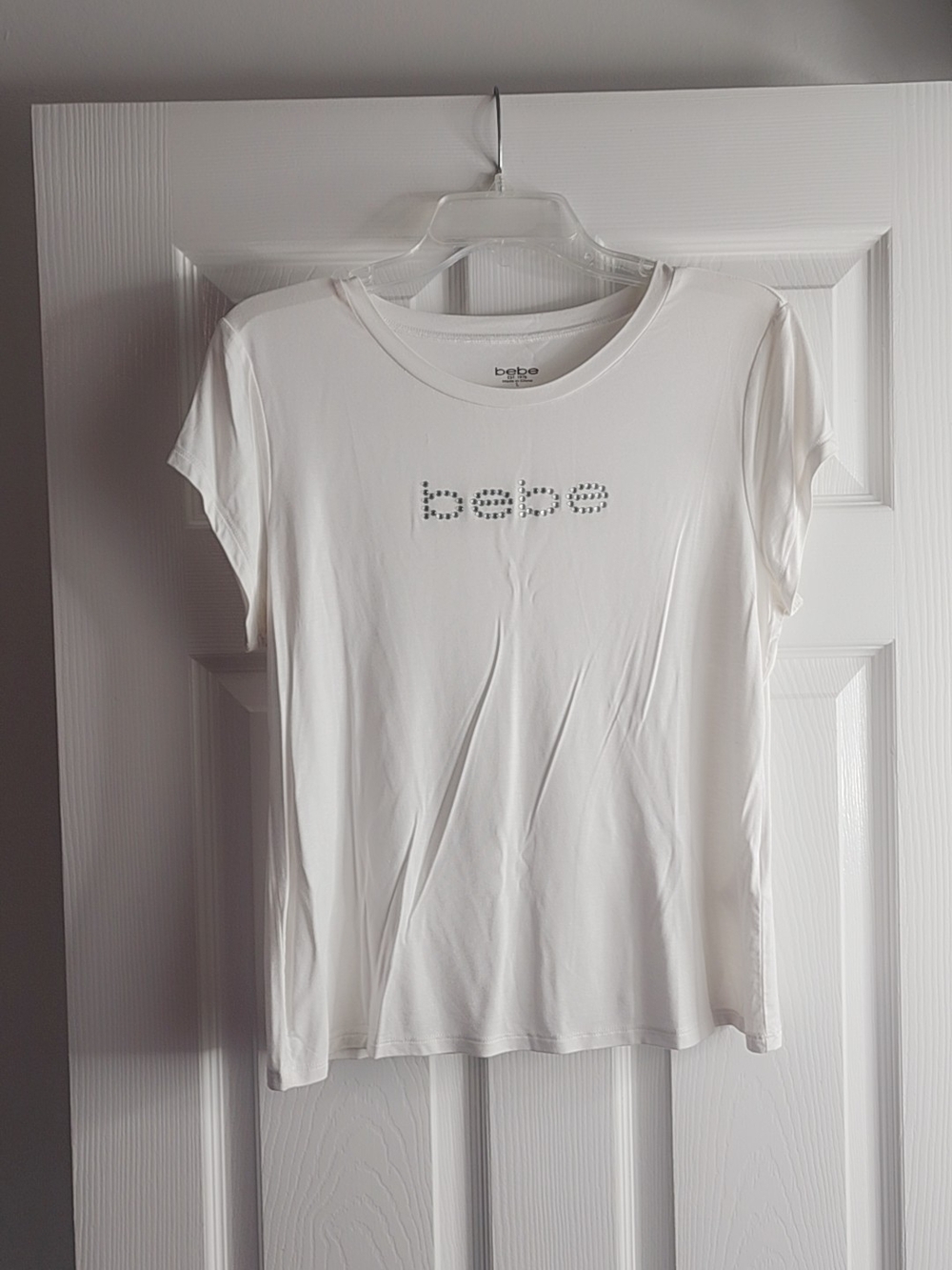 bebe White Tee with Silver Crystal Logo